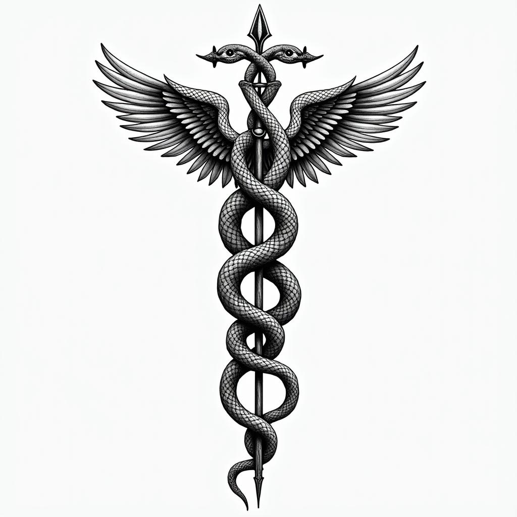 Symbol of medicine with the 2 intertwined snakes around the staff with 2 wings on the front of the shin below the kneecap.in ornamental tattoo style, featuring intricate symmetrical patterns and floral designs, showcasing highly detailed line work and geometric shapes, creating a sense of elegance and balance