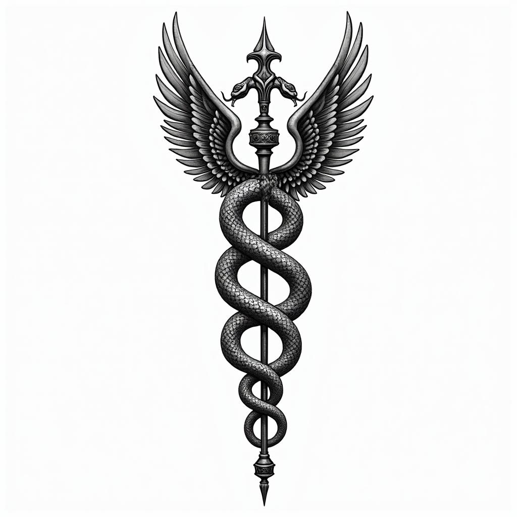 Symbol of medicine with the 2 intertwined snakes around the staff with 2 wings on the front of the shin below the kneecap.in ornamental tattoo style, featuring intricate symmetrical patterns and floral designs, showcasing highly detailed line work and geometric shapes, creating a sense of elegance and balance - Variation 4