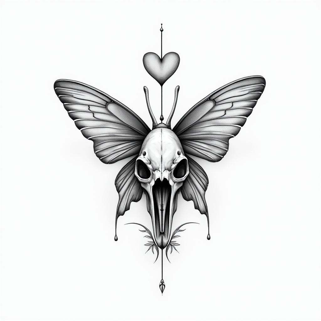 Butterfly dolphin skullin Modest style tattoo, featuring soft, delicate line work with simple and meaningful symbols, gentle waves, a heart, evoking a sense of serenity and grace, - Variation 2