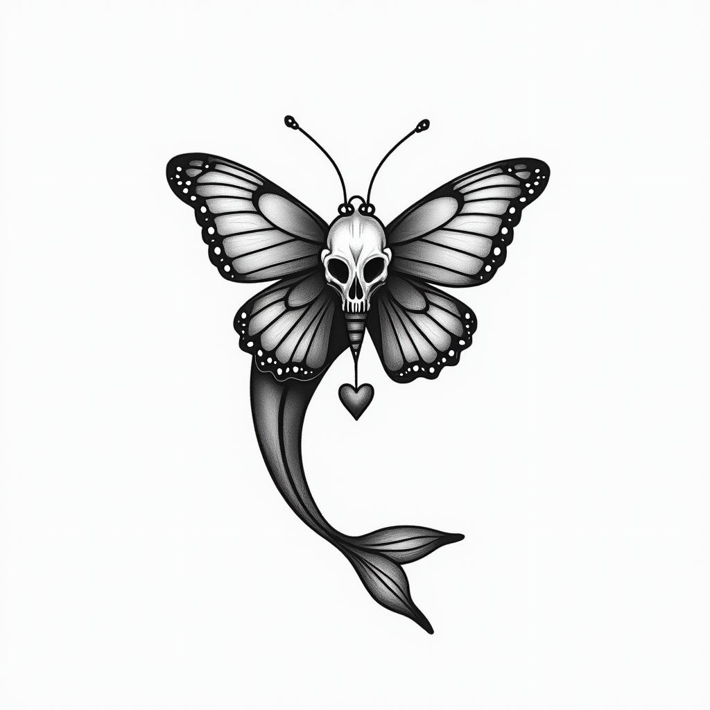 Butterfly dolphin skullin Modest style tattoo, featuring soft, delicate line work with simple and meaningful symbols, gentle waves, a heart, evoking a sense of serenity and grace, - Variation 3