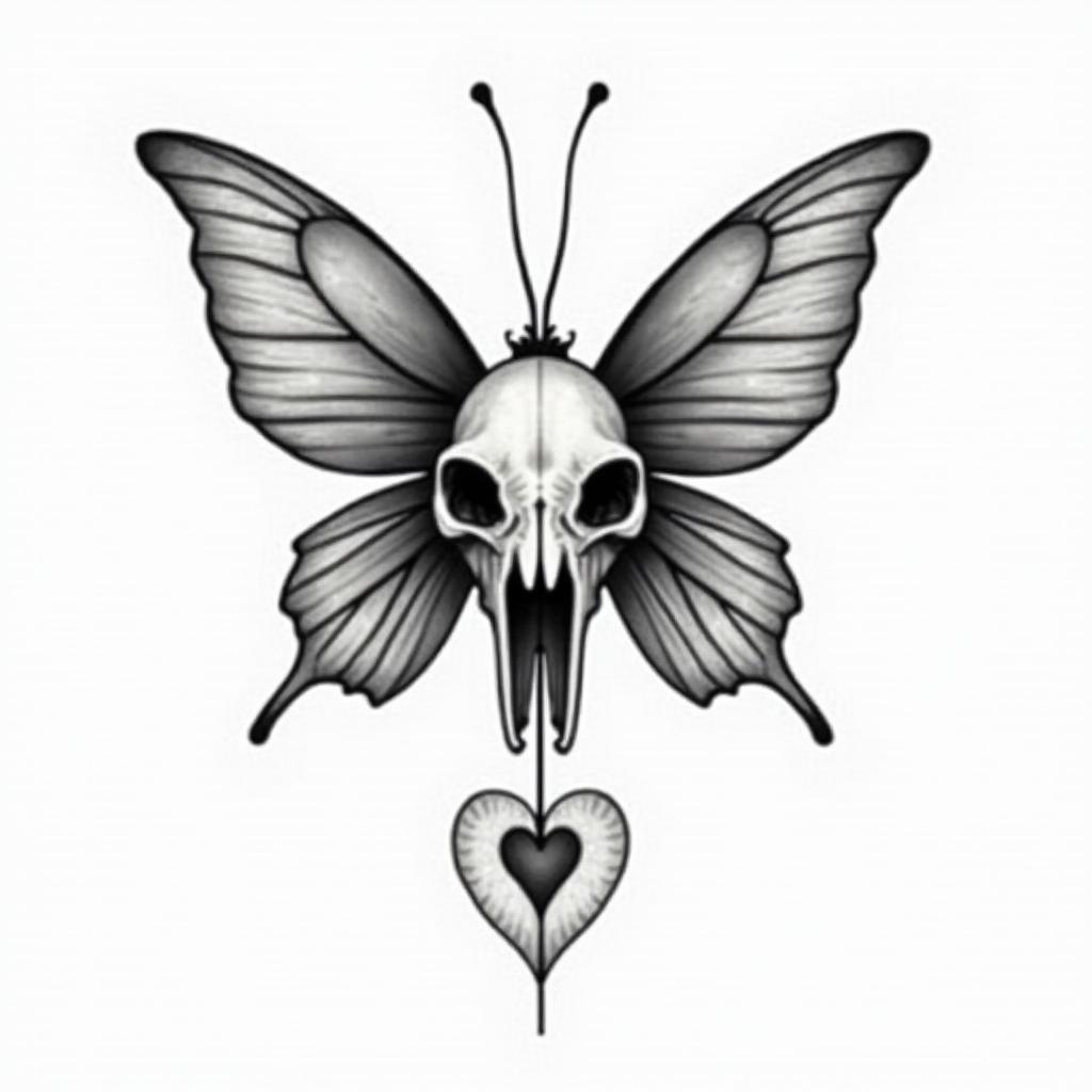Butterfly dolphin skullin Modest style tattoo, featuring soft, delicate line work with simple and meaningful symbols, gentle waves, a heart, evoking a sense of serenity and grace,