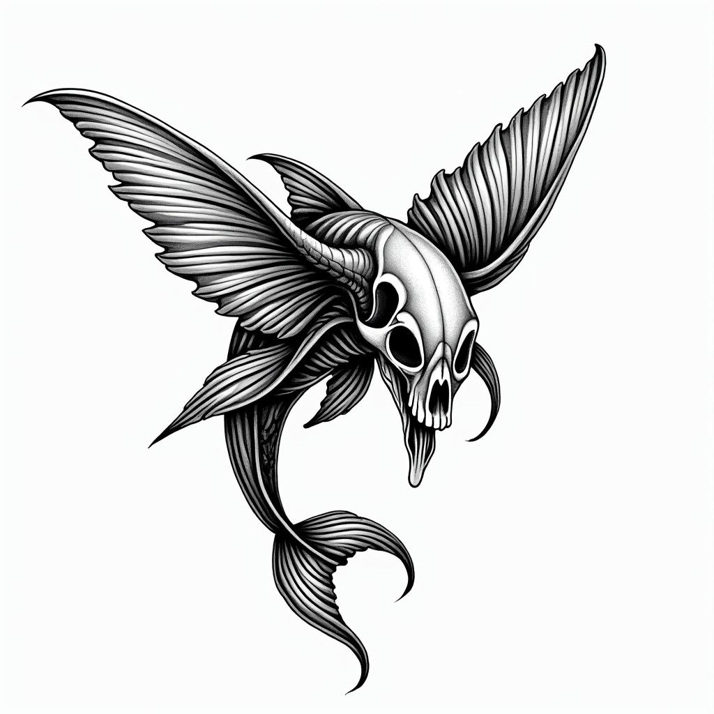 Butterfly dolphin skullin authentic tattoo style, incorporating traditional modifications, bold black outlines, solid color fills, featuring classic authentic elements - Variation 2