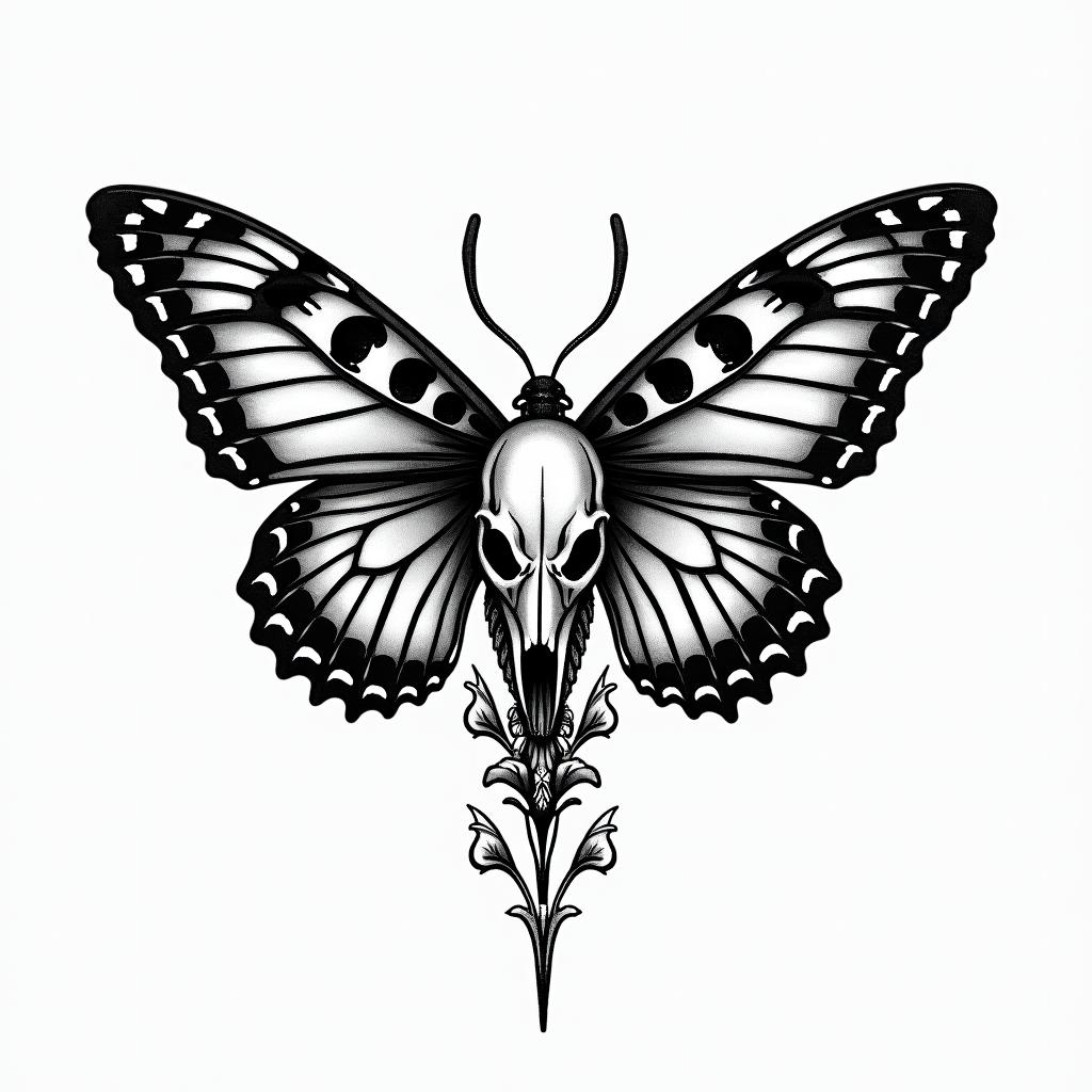 Butterfly dolphin skullin authentic tattoo style, incorporating traditional modifications, bold black outlines, solid color fills, featuring classic authentic elements - Variation 3