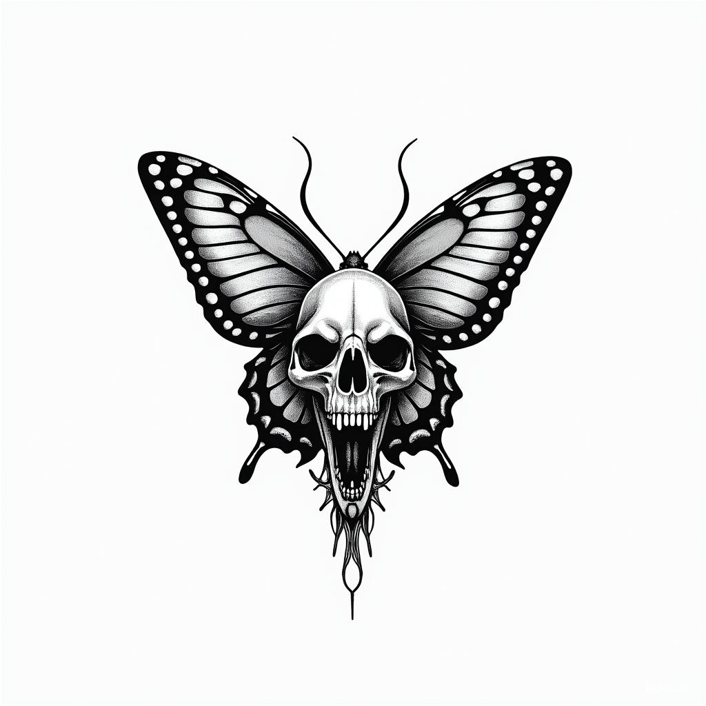 Butterfly dolphin skullin authentic tattoo style, incorporating traditional modifications, bold black outlines, solid color fills, featuring classic authentic elements