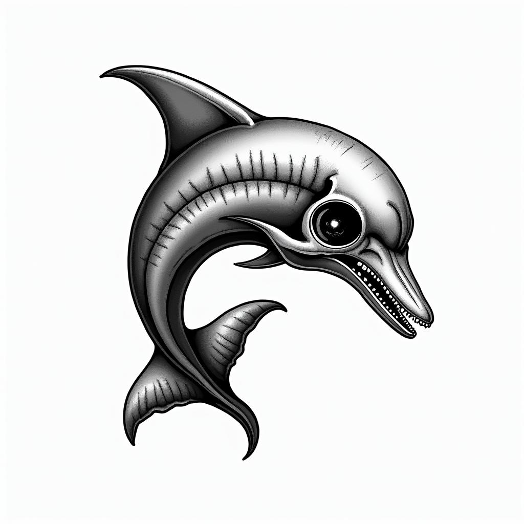 Butterfly dolphin skullin authentic tattoo style, incorporating traditional modifications, bold black outlines, solid color fills, featuring classic authentic elements - Variation 4