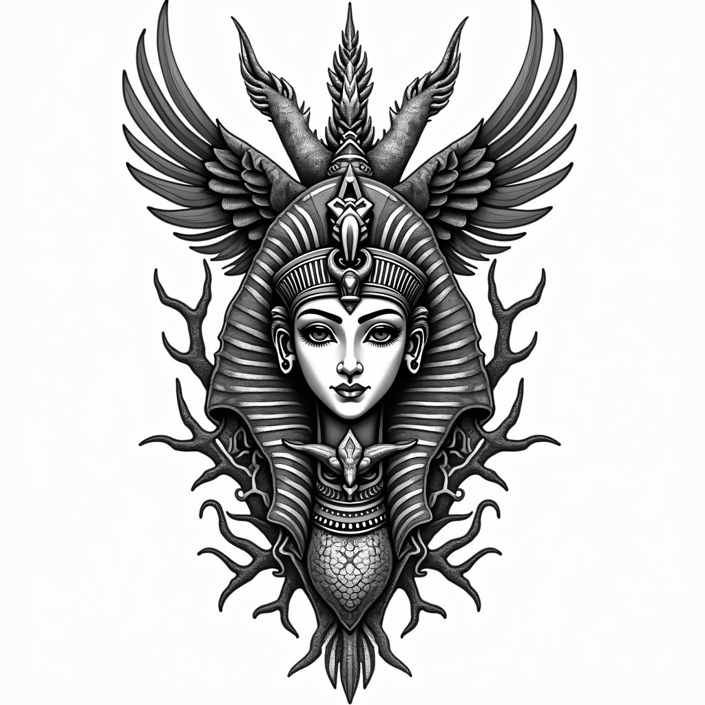 A dragon a mermaid and an eagle and then Burma to reachin egyptian style tattoo, bold elements of ancient egyptian culture including a portrait of an Egyptian pharaoh with detailed facial features, in hieroglyphs and symbolic imagery, eye of horus, ankh symbol, scarab beetle