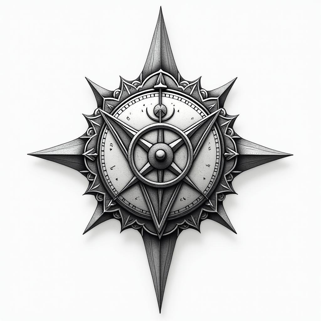 Traditional dice, compass rose, world map, infinity symbolhigly detailed tattoo - Variation 3