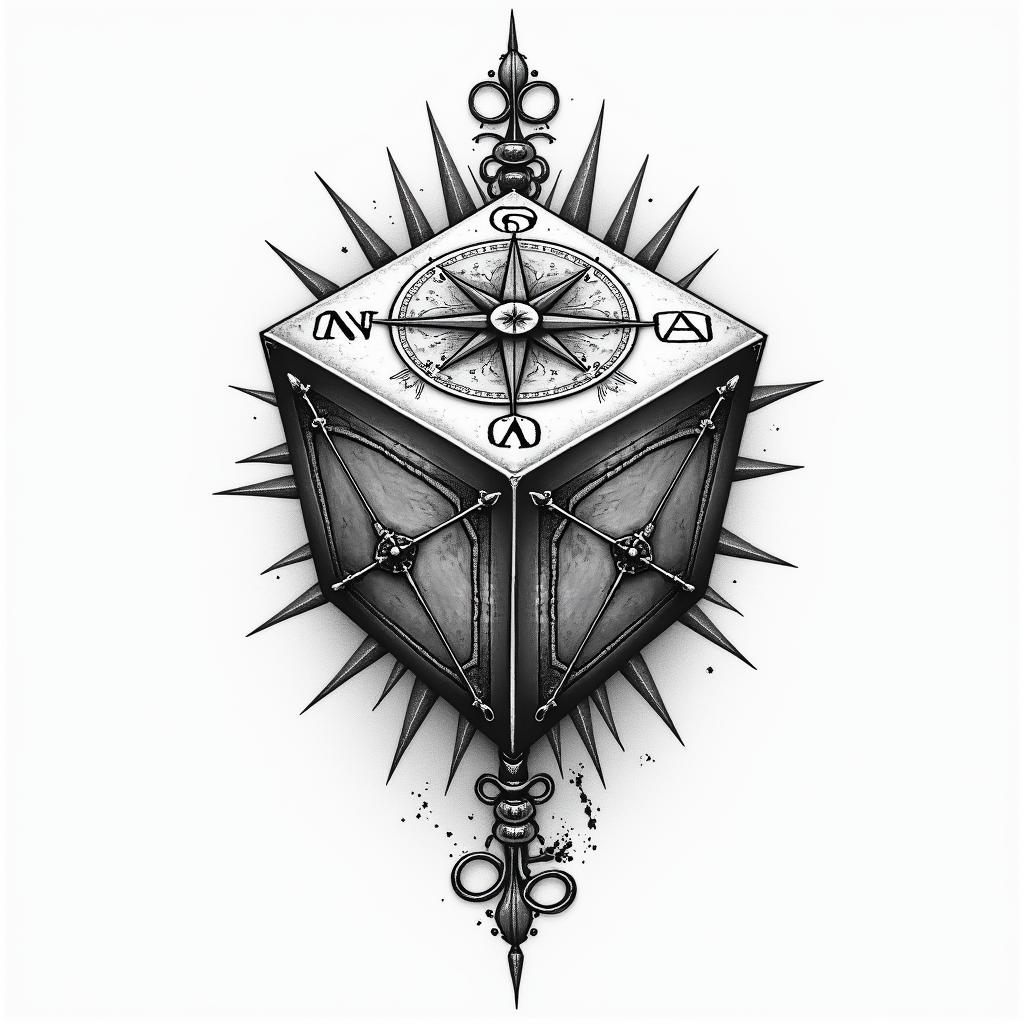 Traditional dice, compass rose, world map, infinity symbolhigly detailed tattoo - Variation 4