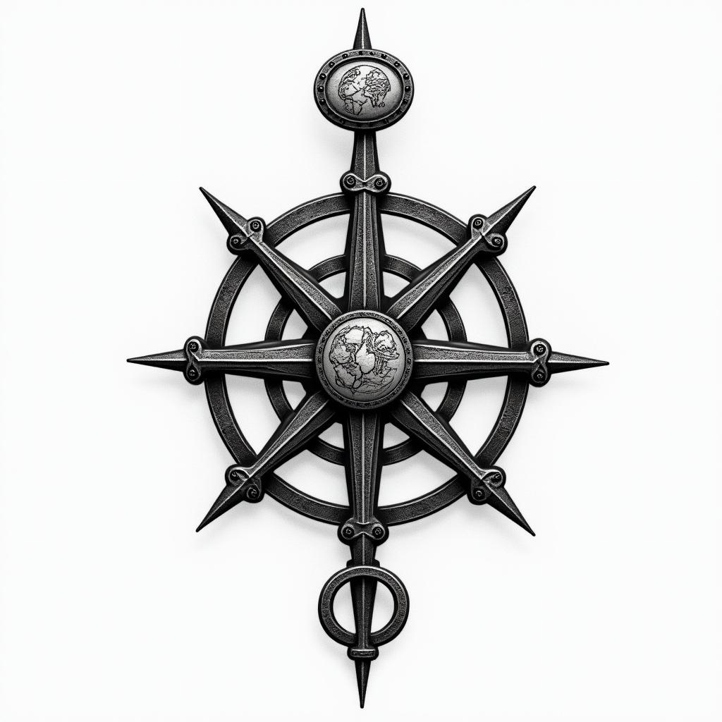Traditional dice, compass rose, world map, infinity symbolhigly detailed tattoo