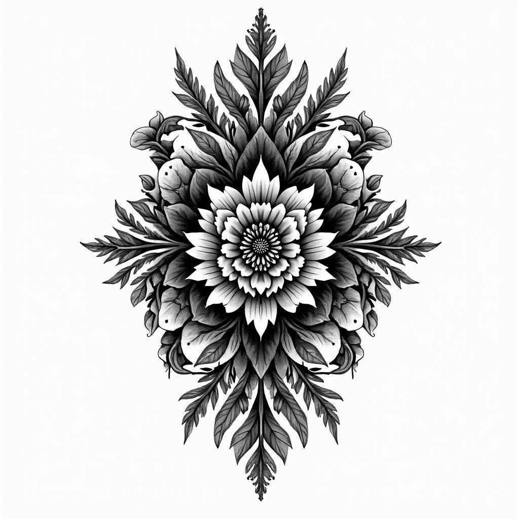 Black gray wash gothicin ornamental tattoo style, featuring intricate symmetrical patterns and floral designs, showcasing highly detailed line work and geometric shapes, creating a sense of elegance and balance