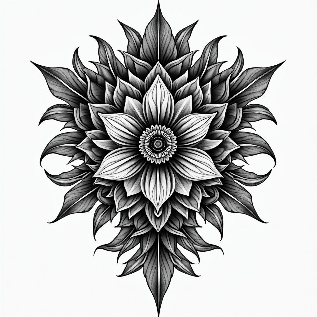 Black gray wash gothicin ornamental tattoo style, featuring intricate symmetrical patterns and floral designs, showcasing highly detailed line work and geometric shapes, creating a sense of elegance and balance - Variation 3