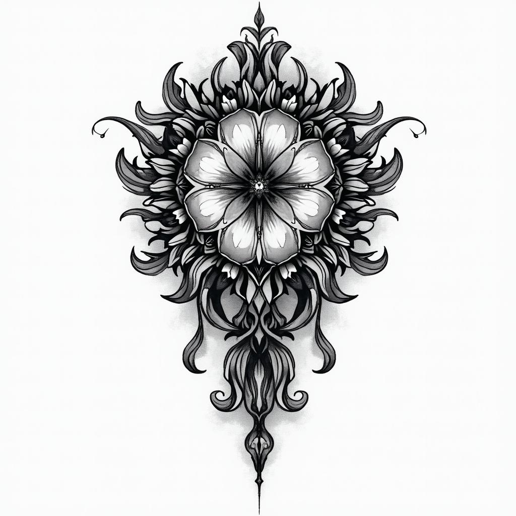 Black gray wash gothicin ornamental tattoo style, featuring intricate symmetrical patterns and floral designs, showcasing highly detailed line work and geometric shapes, creating a sense of elegance and balance - Variation 2