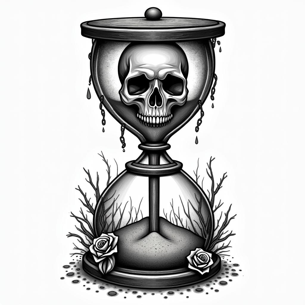 Hourglass with sand and skullsin chicano style tattoo, featuring intricate black and grey shading, bold elements of traditional chicano culture symbols, add a big cross with skull, chains and roses - Variation 8
