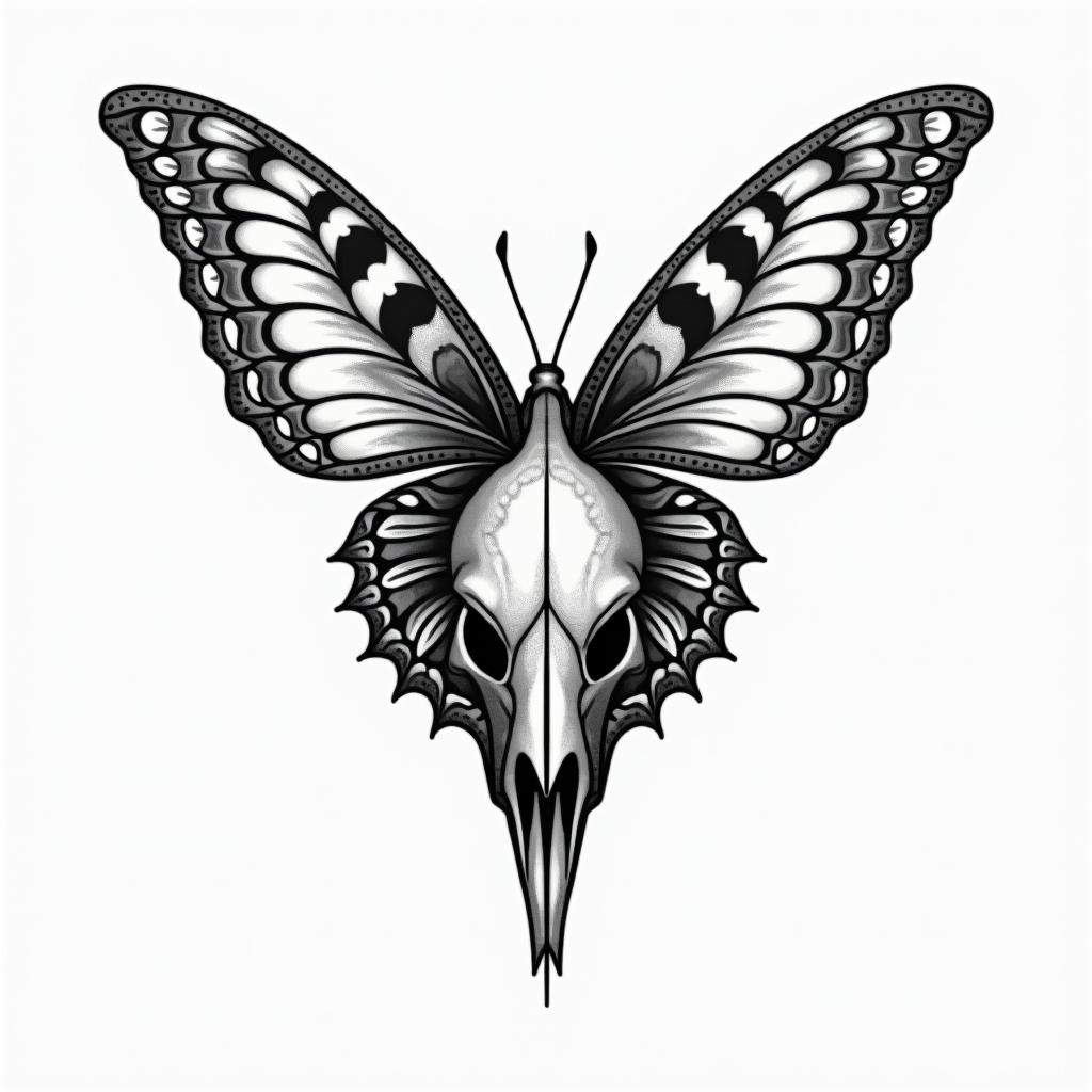 Butterfly dolphin skullin dotwork style tattoo, complex mandala patterns, interlocking geometric shapes with sharp symmetry, clean lines, sharp angles