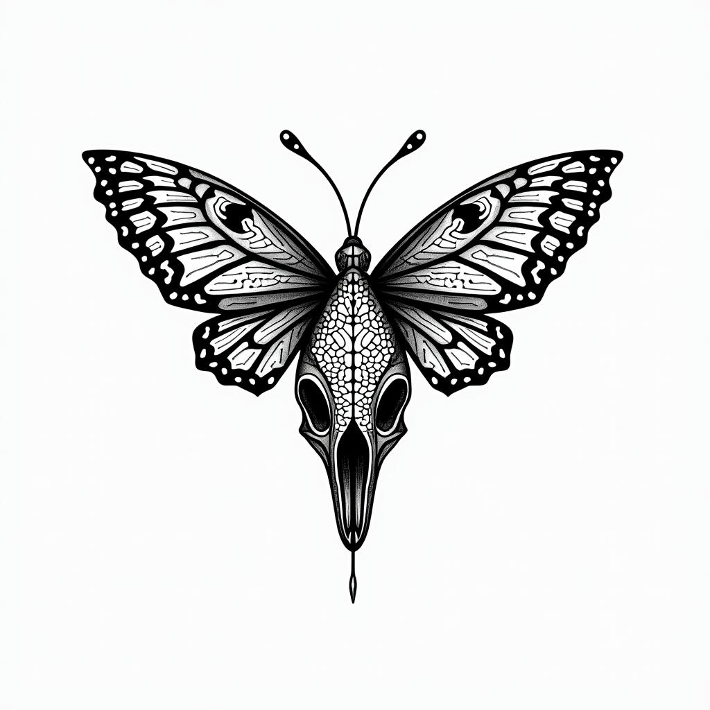 Butterfly dolphin skullin dotwork style tattoo, complex mandala patterns, interlocking geometric shapes with sharp symmetry, clean lines, sharp angles - Variation 2