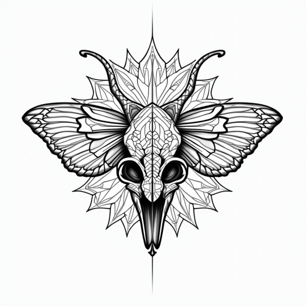 Butterfly dolphin skullin dotwork style tattoo, complex mandala patterns, interlocking geometric shapes with sharp symmetry, clean lines, sharp angles - Variation 3