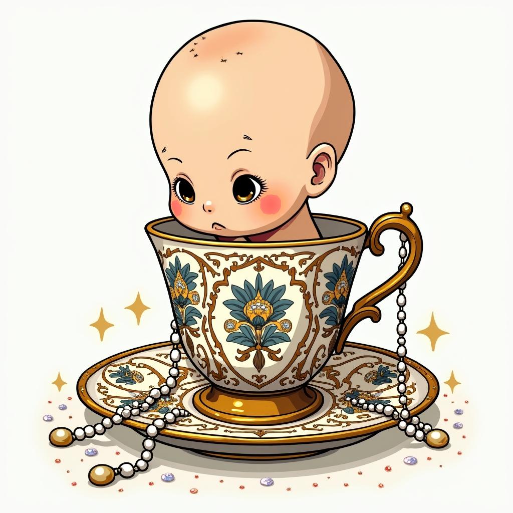 Old school sailor Jerry inspired illustration of a Teacup from the Victorian Renaissance era, heavily draped and adorned in pearls and chains with inlays of jewels and precious gemstones. Lots of colorGhibli, Studio Ghibli aesthetic, hand-drawn anime style, retro nostalgic atmosphere, retro soft pastel color palette with earthy tones, retro Japanese cinematic shot, yellow tint effect, bald character, smooth surface, anime shadow 90's anime style - Variation 4