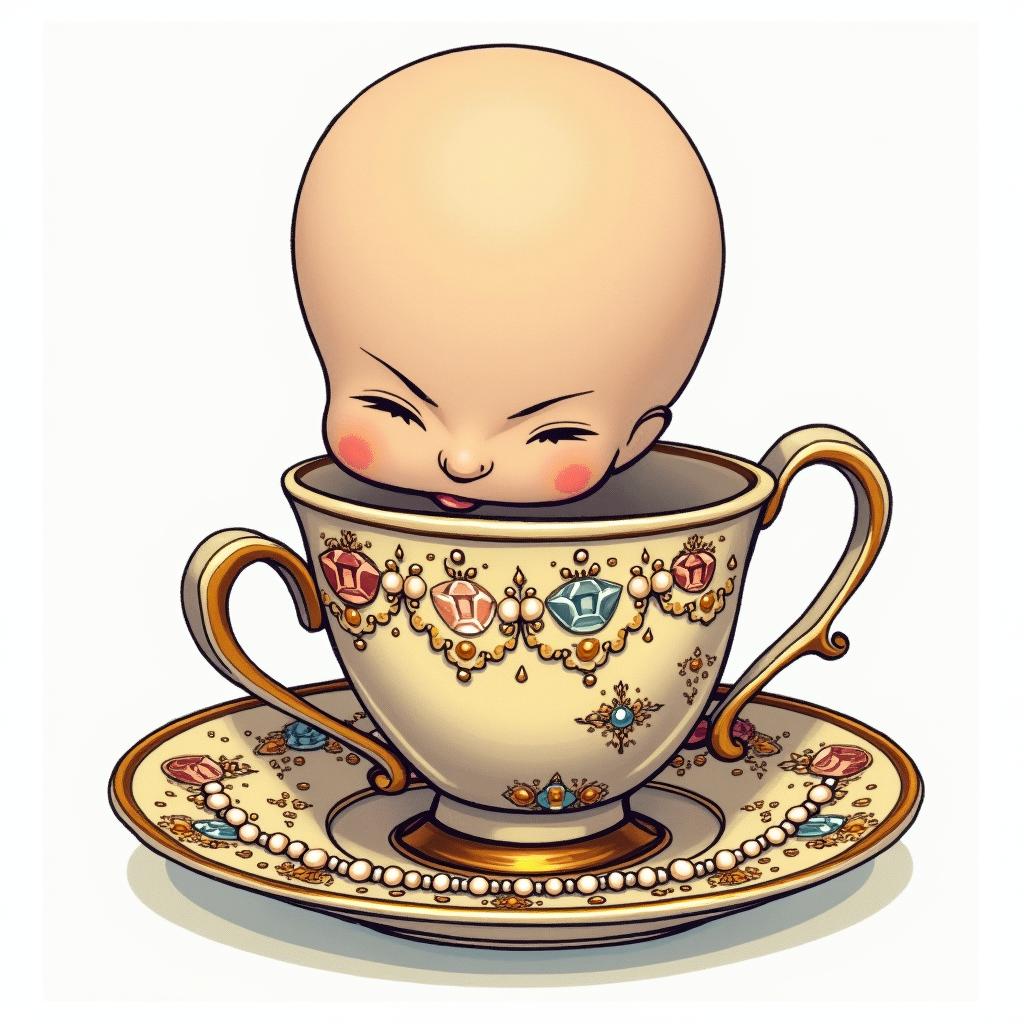 Old school sailor Jerry inspired illustration of a Teacup from the Victorian Renaissance era, heavily draped and adorned in pearls and chains with inlays of jewels and precious gemstones. Lots of colorGhibli, Studio Ghibli aesthetic, hand-drawn anime style, retro nostalgic atmosphere, retro soft pastel color palette with earthy tones, retro Japanese cinematic shot, yellow tint effect, bald character, smooth surface, anime shadow 90's anime style