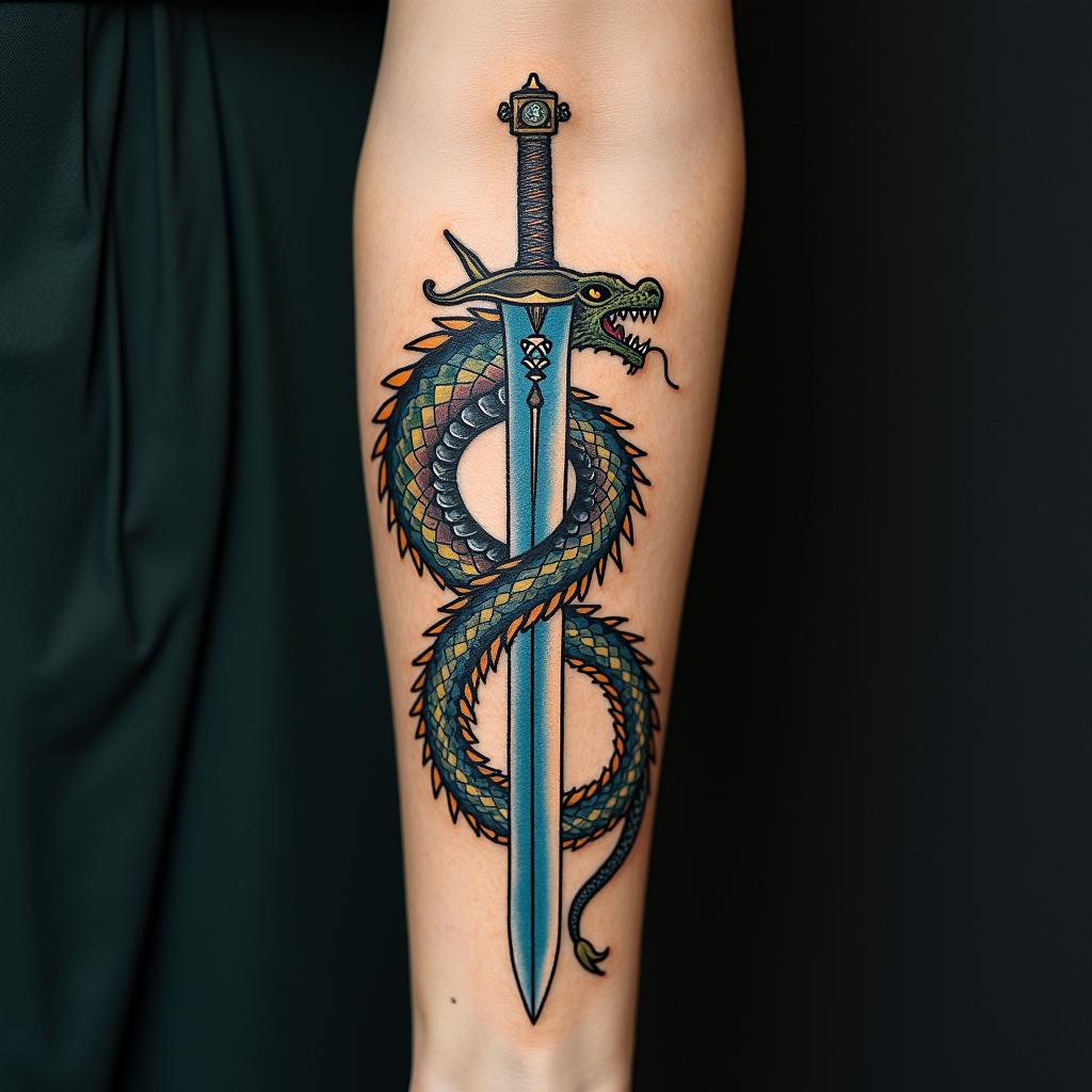 Majestic dragon wrapped around a swordin bohemian style tattoo, 8k - Variation 6