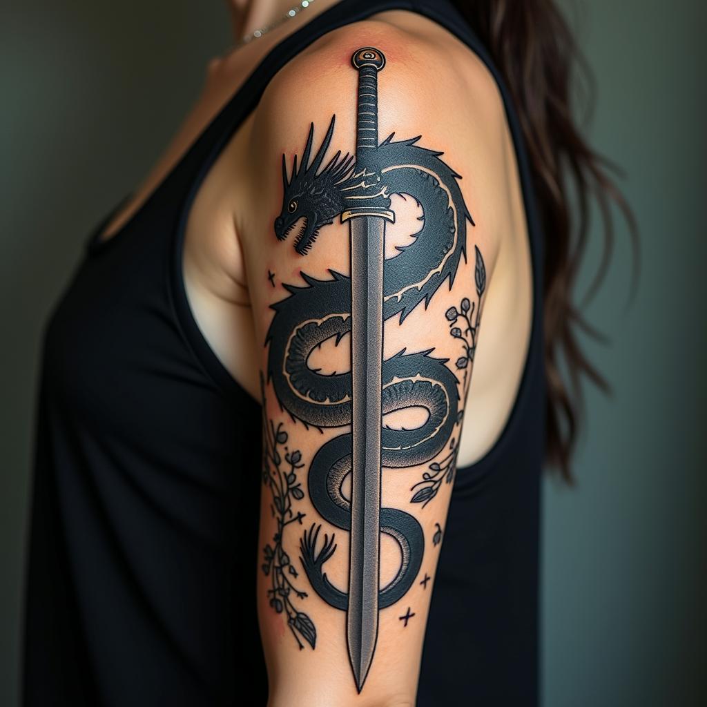 Majestic dragon wrapped around a swordin bohemian style tattoo, 8k - Variation 5