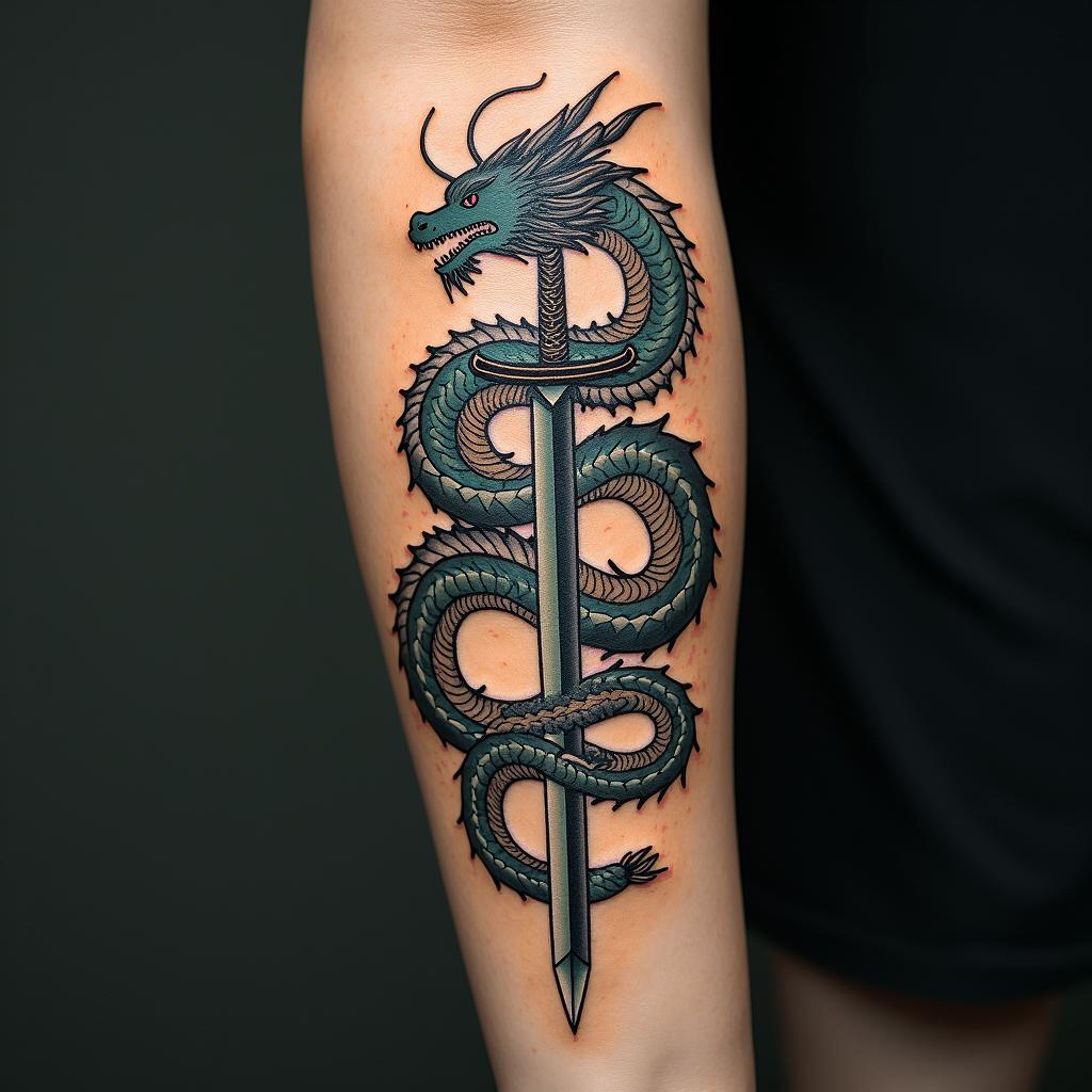 Majestic dragon wrapped around a swordin bohemian style tattoo, 8k - Variation 8