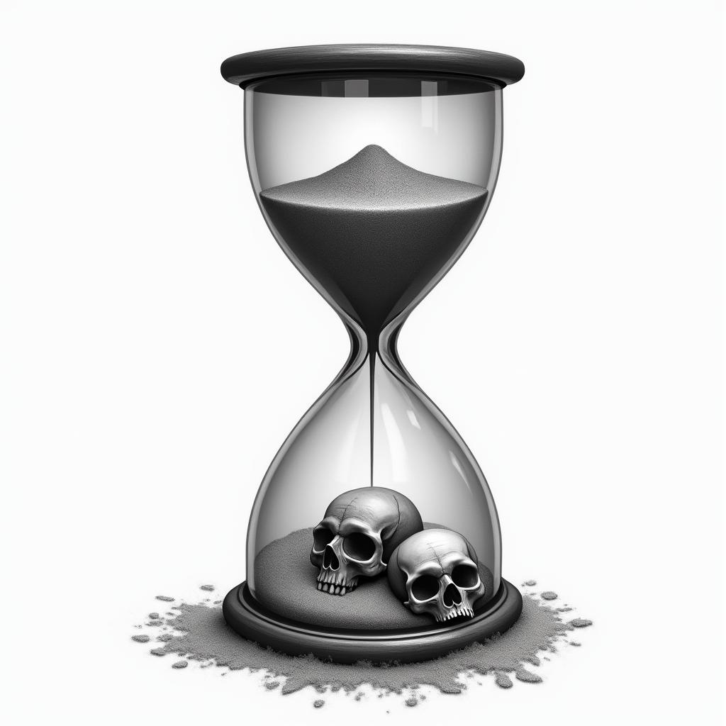 Hourglass with sand and skullsin realism tattoo style, featuring a highly detailed, lifelike, capturing every detail, photorealistic, ultra realistic, intricate shading, smooth and sharp, - Variation 10