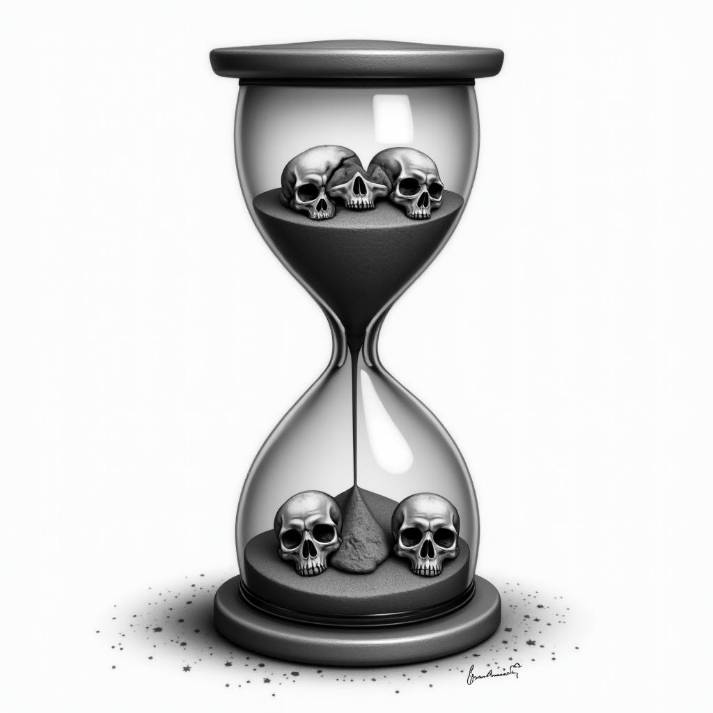 Hourglass with sand and skullsin realism tattoo style, featuring a highly detailed, lifelike, capturing every detail, photorealistic, ultra realistic, intricate shading, smooth and sharp, - Variation 8