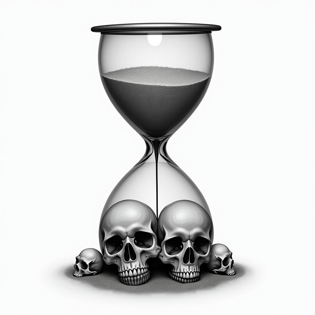 Hourglass with sand and skullsin realism tattoo style, featuring a highly detailed, lifelike, capturing every detail, photorealistic, ultra realistic, intricate shading, smooth and sharp, - Variation 9
