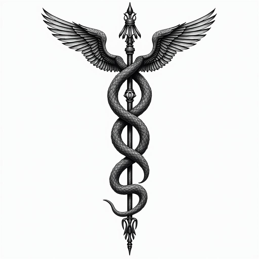 Symbol of medicine with two intertwined snakes around a rod with two wings on the front of the tibia below the kneecap.in ornamental tattoo style, featuring intricate symmetrical patterns and floral designs, showcasing highly detailed line work and geometric shapes, creating a sense of elegance and balance - Variation 2