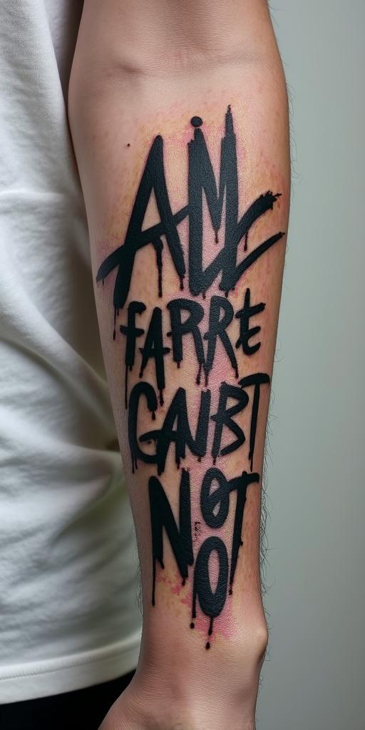 All for not studyingin graffiti style tattoo, featuring bold and dynamic street art elements, spray-paint texture with exaggerated lines and expressive, chaotic brushstrokes, intricate lettering incorporated with graffiti tags, symbols like hearts, stars, and wings - Variation 9