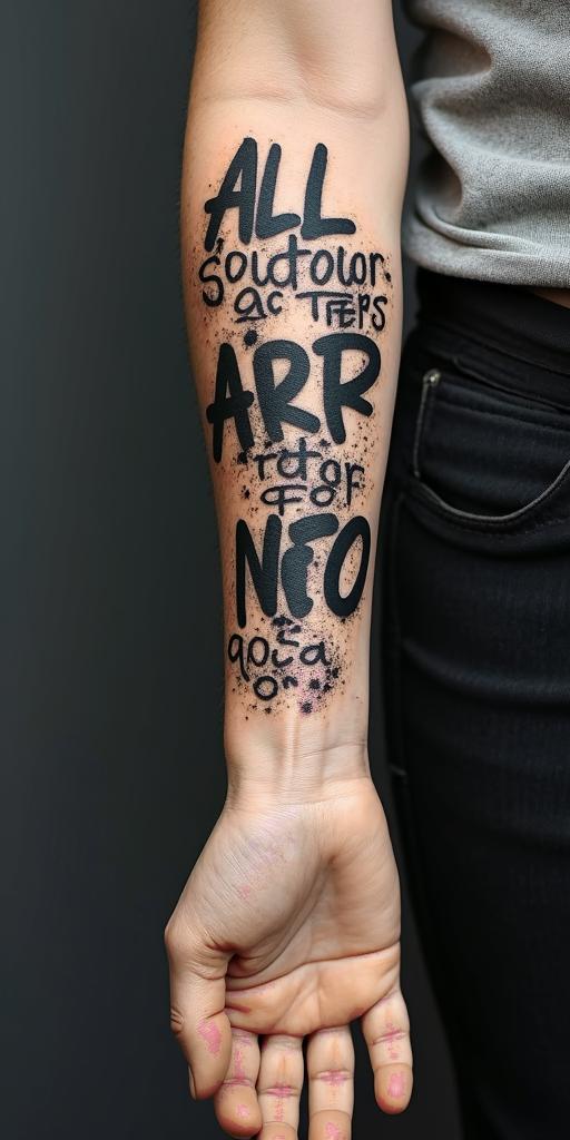 All for not studyingin graffiti style tattoo, featuring bold and dynamic street art elements, spray-paint texture with exaggerated lines and expressive, chaotic brushstrokes, intricate lettering incorporated with graffiti tags, symbols like hearts, stars, and wings - Variation 10