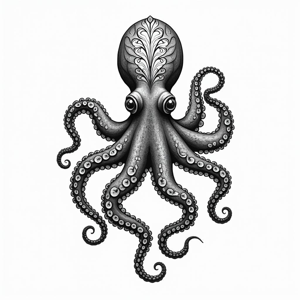 Blackwork style octopusin ornamental tattoo style, featuring intricate symmetrical patterns and floral designs, showcasing highly detailed line work and geometric shapes, creating a sense of elegance and balance