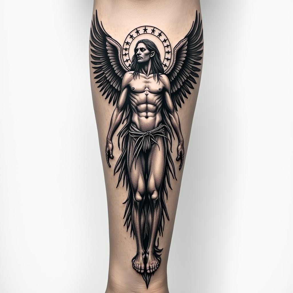 Sepearate tatoos on arm but in the form of the Vitruvian man, to include world, eagle, Robert Johnson, showing dimensions like a blue print
higly detailed tattoo - Variation 12