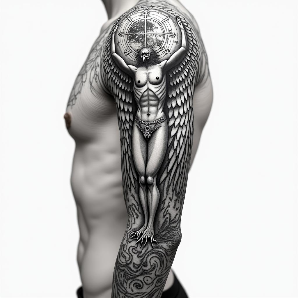 Sepearate tatoos on arm but in the form of the Vitruvian man, to include world, eagle, Robert Johnson, showing dimensions like a blue print
higly detailed tattoo - Variation 11