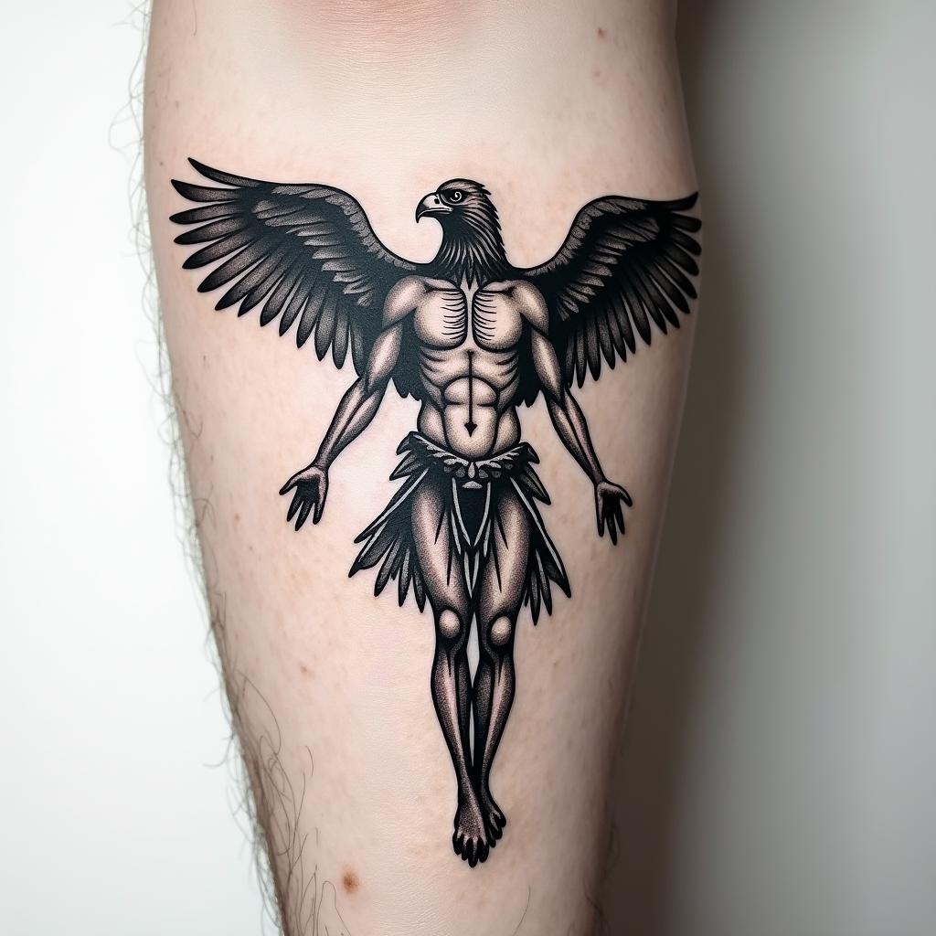 Sepearate tatoos on arm but in the form of the Vitruvian man, to include world, eagle, Robert Johnson, showing dimensions like a blue print
higly detailed tattoo - Variation 10