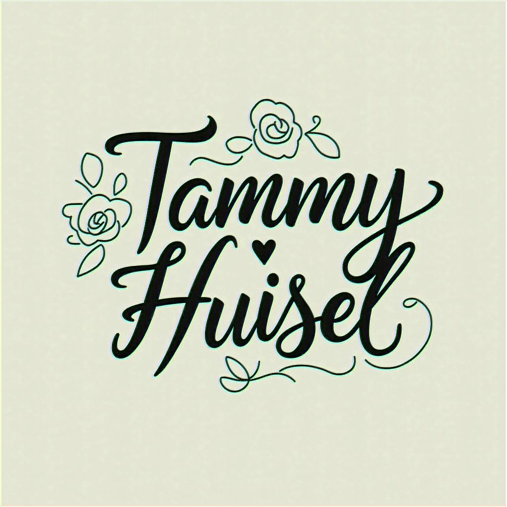 Tammy Huisel Born April 20, 1982 - at Rest April 4, 2025 A daughter, mother, best friend , ride or die, The Princess that everyone loves, blessed her so muchin elegant cursive calligraphy style 2d tattoo, decorate with roses, featuring a smooth and flowing handwritten script with slightly thickened strokes for a luxurious and bold appearance,  heart symbol between names,  sleek and glossy black text with shadowing, minimalist matte white background, clean and sharp edges, illuminated with soft lighting, romantic, 8k, high-quality textures with refined typography - Variation 3