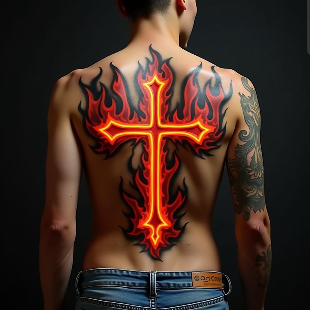 Pin stripping rockabilly dizgo caminito flammes V8 iron crossin flame tattoo style showcasing fiery elements with dynamic flame patterns, glowing effect of flames, natural colors