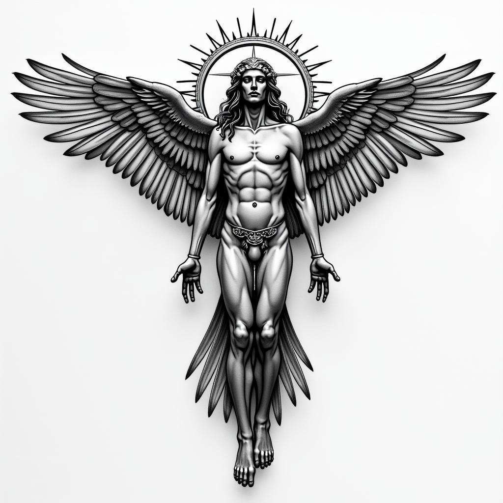 Sepearate tatoos on arm but in the form of the Vitruvian man, to include world, eagle, Robert Johnson, showing dimensions like a blue print
higly detailed tattoo - Variation 7