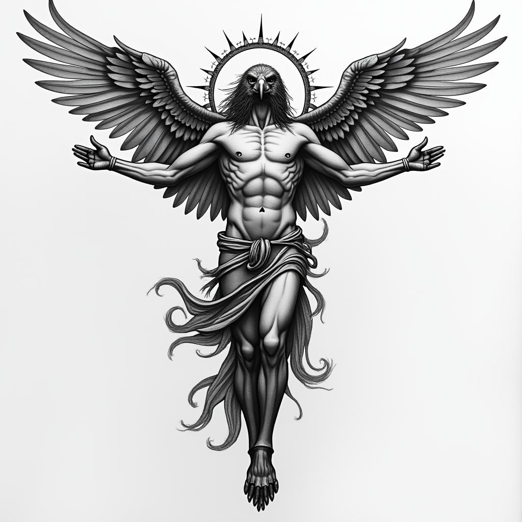 Sepearate tatoos on arm but in the form of the Vitruvian man, to include world, eagle, Robert Johnson, showing dimensions like a blue print
higly detailed tattoo - Variation 9