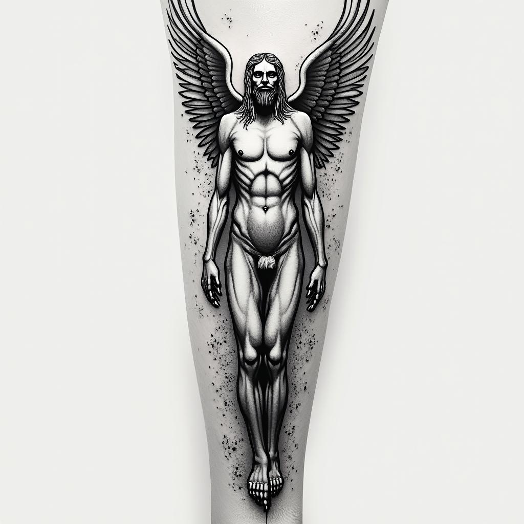 Sepearate tatoos on arm but in the form of the Vitruvian man, to include world, eagle, Robert Johnson, showing dimensions like a blue print
higly detailed tattoo - Variation 8