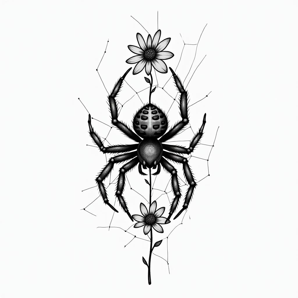Small spider on web with flowers with stemin portrait tattoo style, featuring a highly realistic and detailed depiction  - Variation 33