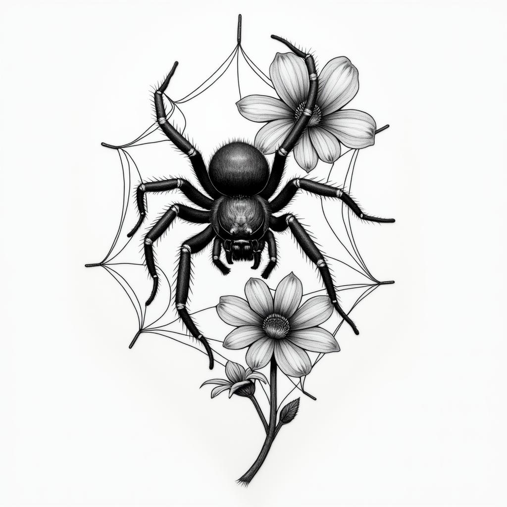 Small spider on web with flowers with stemin portrait tattoo style, featuring a highly realistic and detailed depiction  - Variation 32