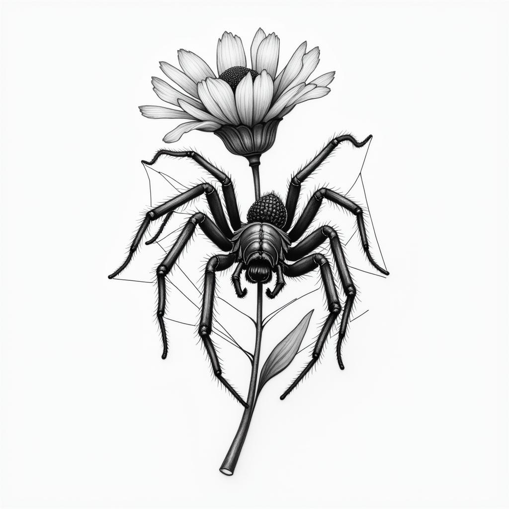 Small spider on web with flowers with stemin portrait tattoo style, featuring a highly realistic and detailed depiction  - Variation 30