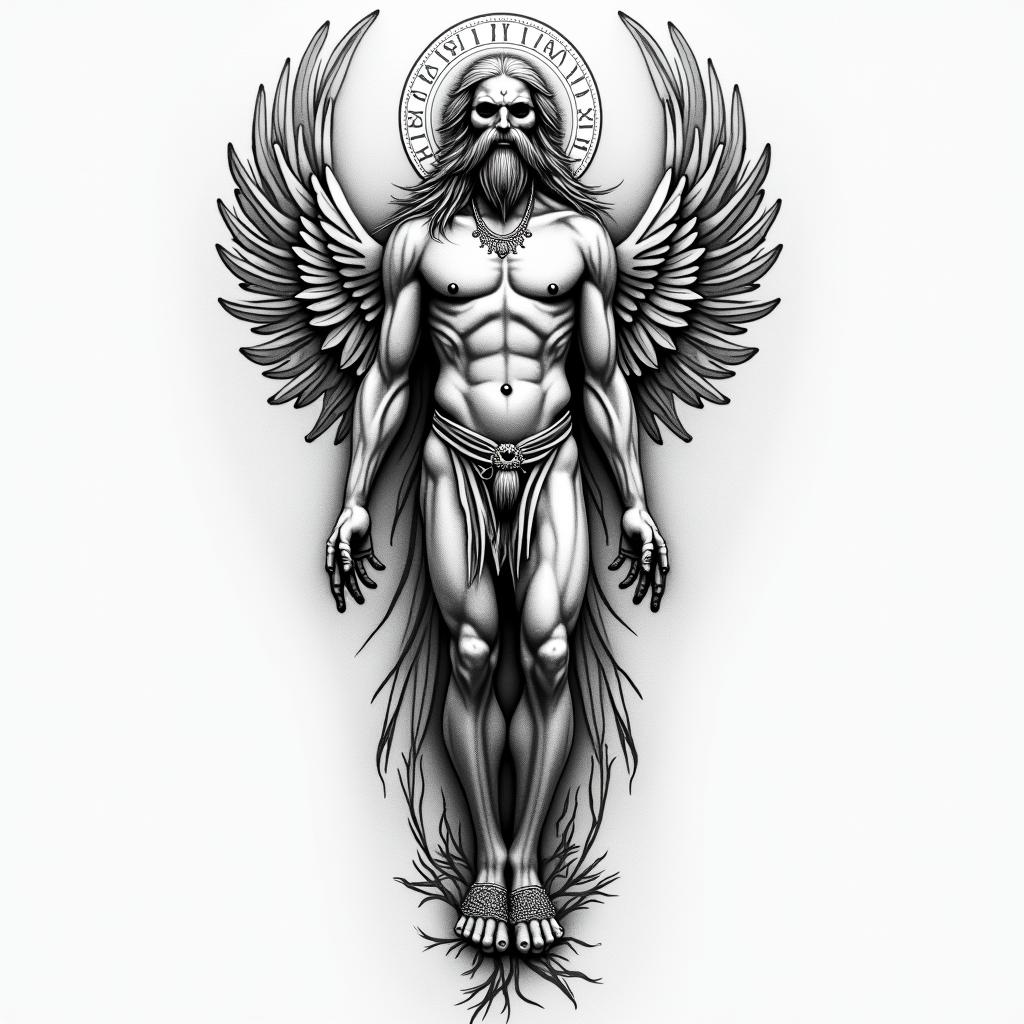 Sepearate tatoos on arm but in the form of the Vitruvian man, to include world, eagle, Robert Johnson, showing dimensions like a blue print
higly detailed tattoo - Variation 5