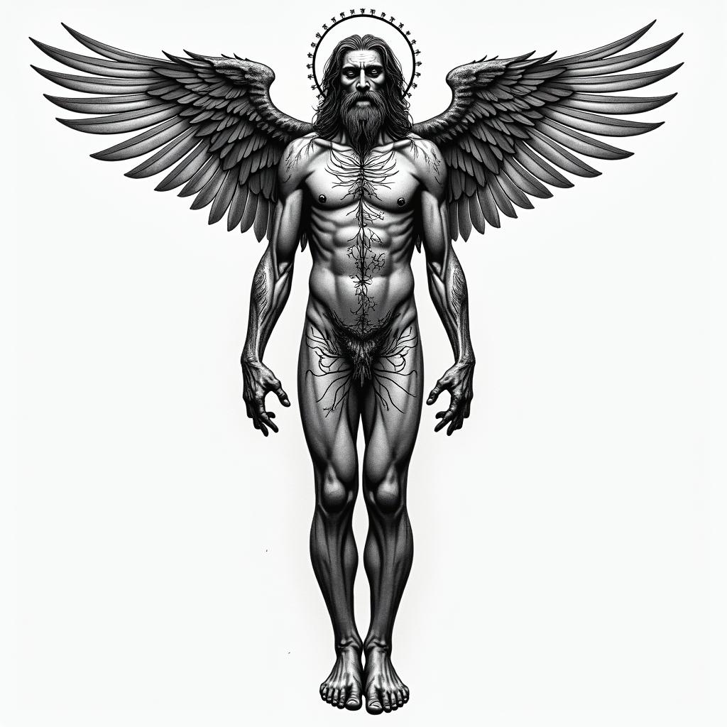 Sepearate tatoos on arm but in the form of the Vitruvian man, to include world, eagle, Robert Johnson, showing dimensions like a blue print
higly detailed tattoo - Variation 4