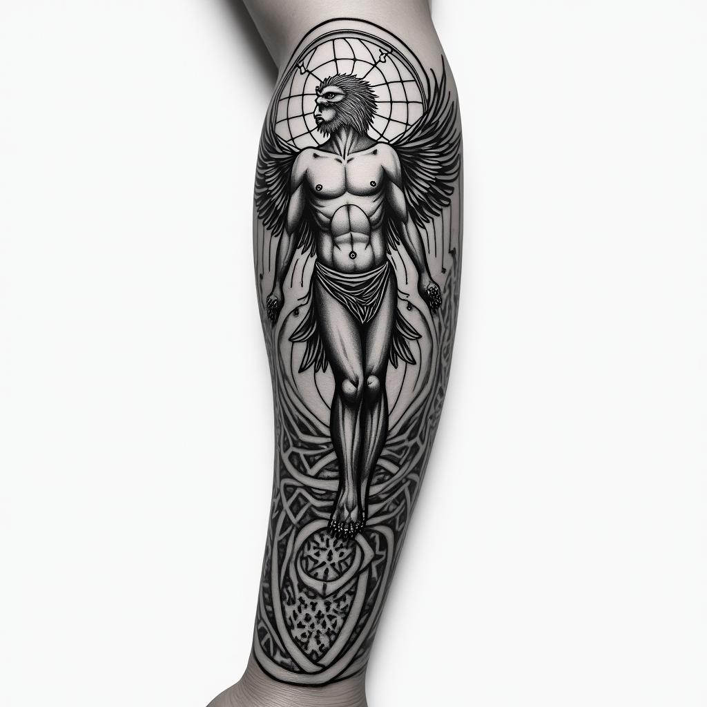 Sepearate tatoos on arm but in the form of the Vitruvian man, to include world, eagle, Robert Johnson, showing dimensions like a blue print
higly detailed tattoo