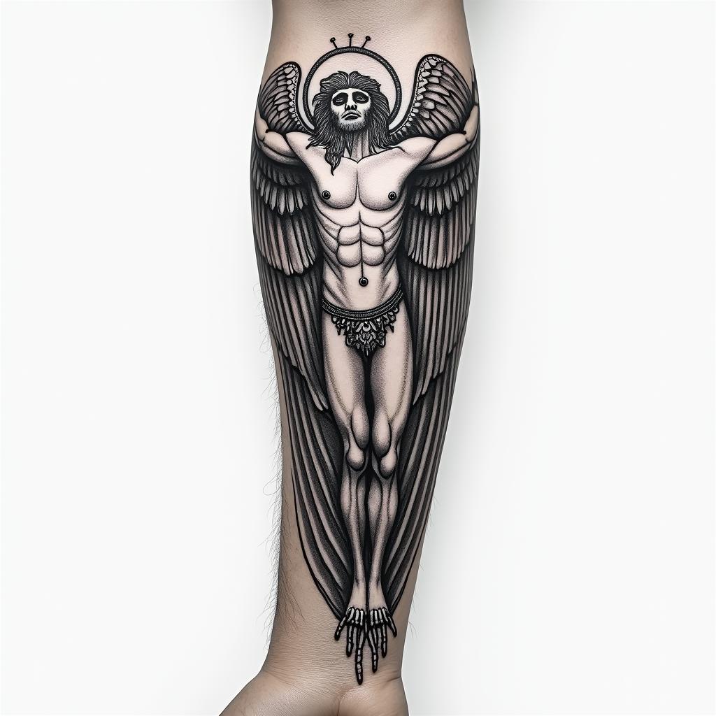 Sepearate tatoos on arm but in the form of the Vitruvian man, to include world, eagle, Robert Johnson, showing dimensions like a blue print
higly detailed tattoo - Variation 2