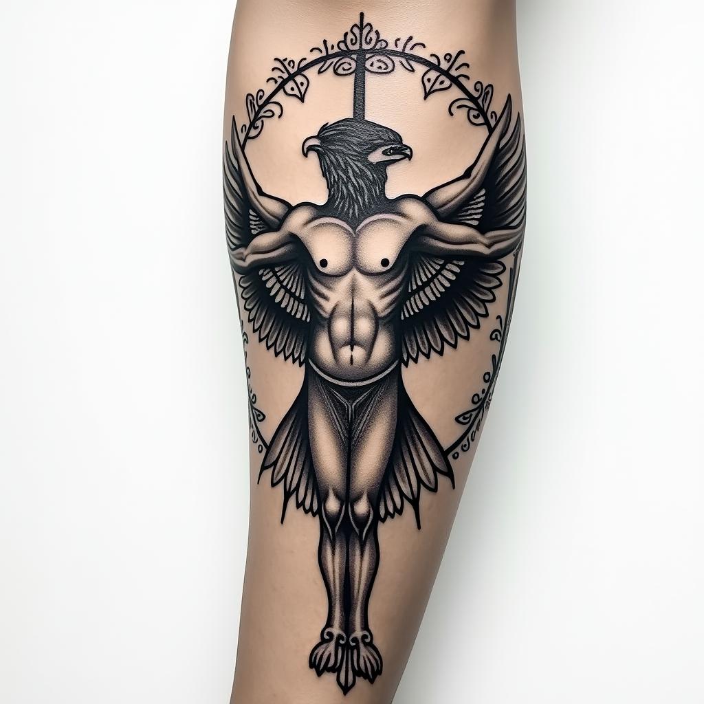 Sepearate tatoos on arm but in the form of the Vitruvian man, to include world, eagle, Robert Johnson, showing dimensions like a blue print
higly detailed tattoo - Variation 6