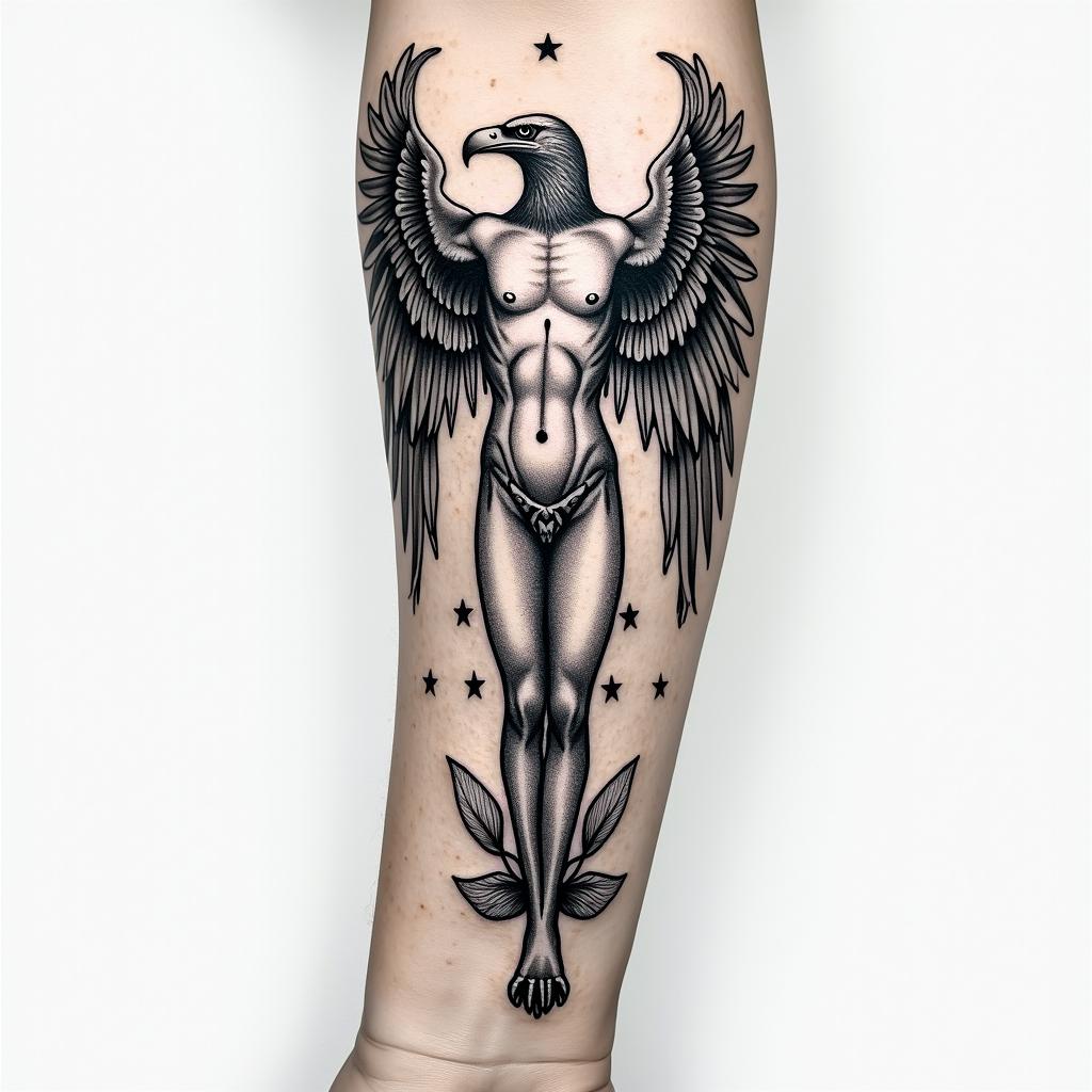 Sepearate tatoos on arm but in the form of the Vitruvian man, to include world, eagle, Robert Johnson, showing dimensions like a blue print
higly detailed tattoo - Variation 3