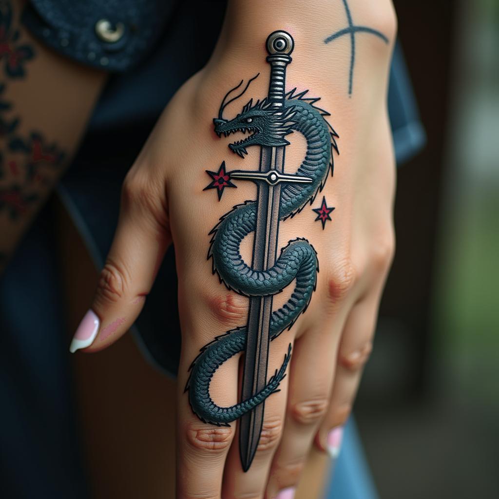 Majestic dragon wrapped around a swordin bohemian style tattoo, 8k - Variation 4